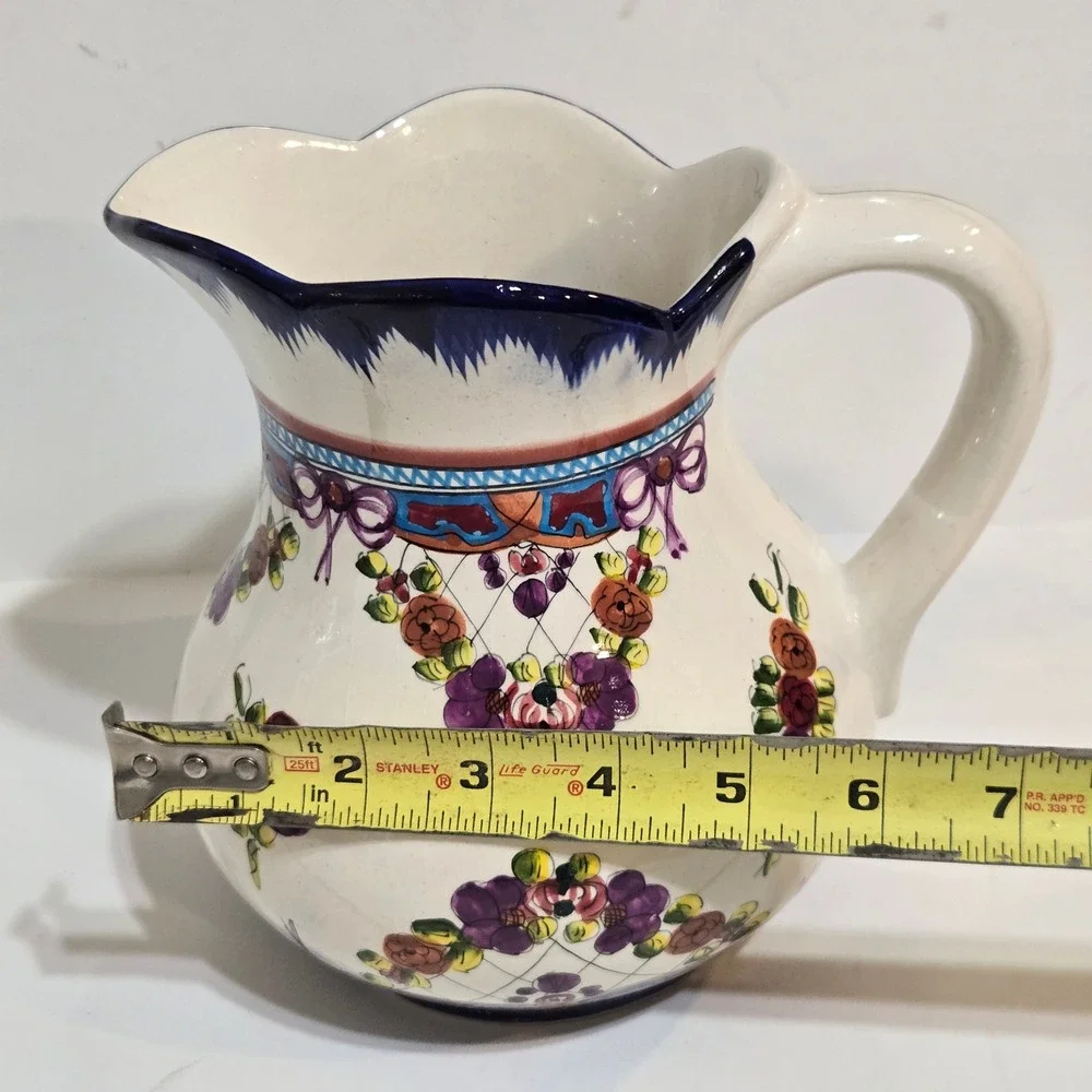 Hand Painted Mexican Floral Pitcher Ceramic Vase Floral Cottagecore Farmhouse 7